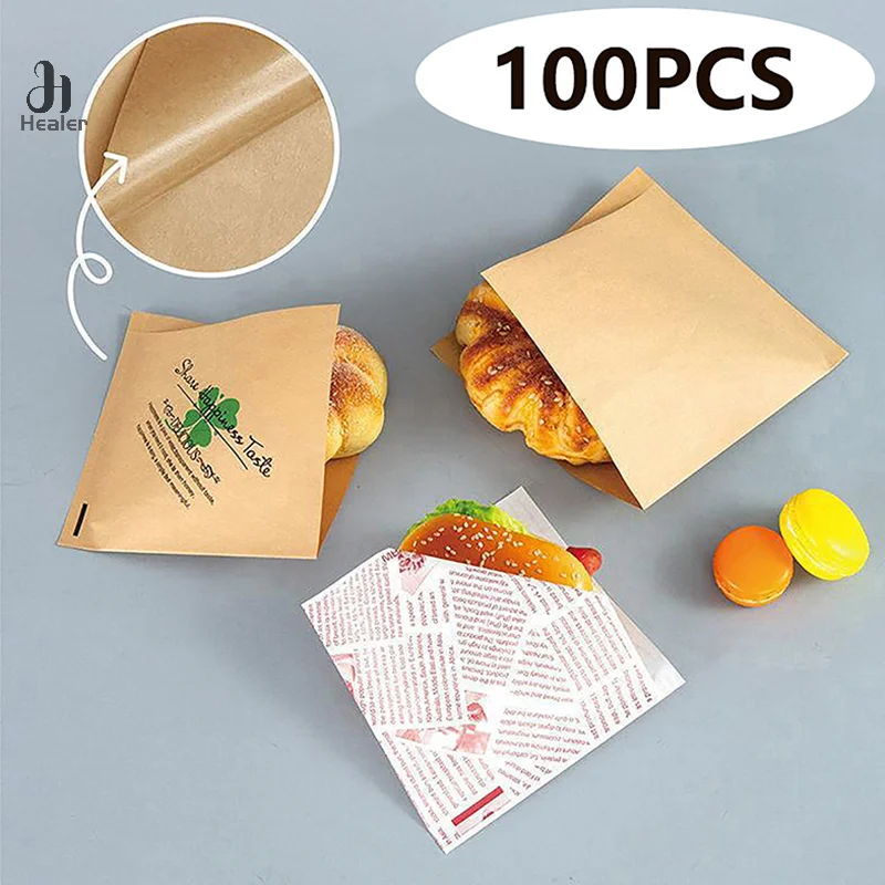 100pcs Triangle Shape Kraft Paper Packaging Sandwich Oilproof Doughnut Bread Hamburger Disposable Pouch Kitchen Party Restaurant