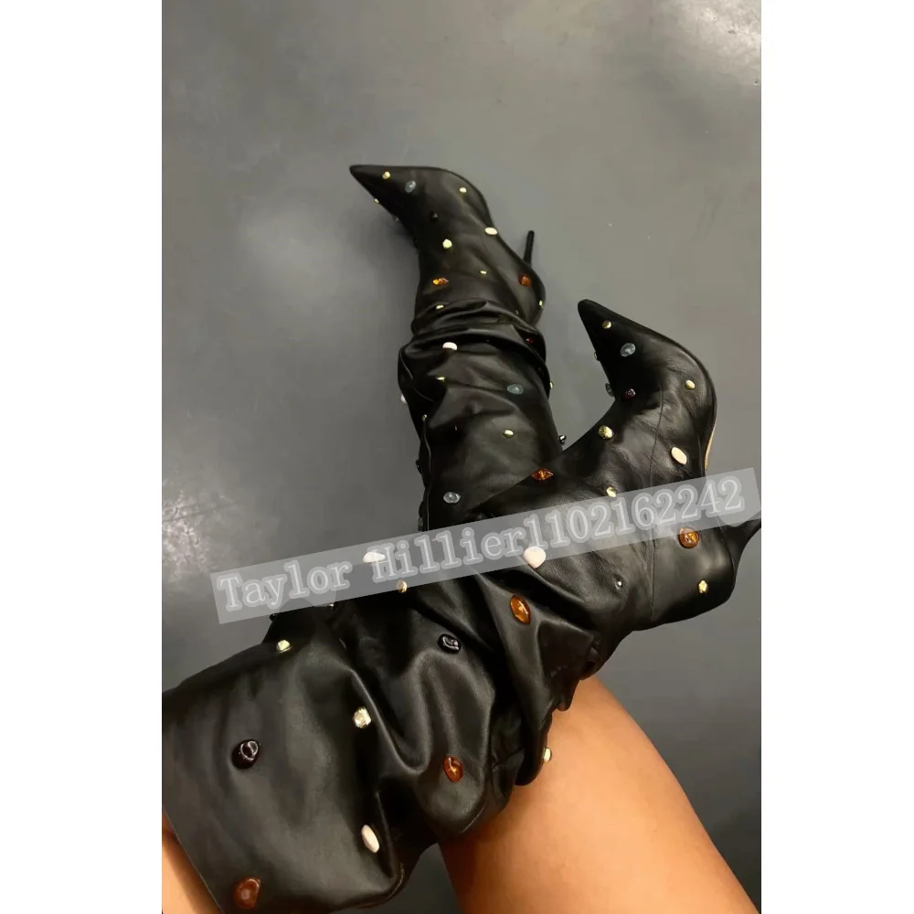 Women Colorful Gemstone Studded Slouchy Knee High Boots Pointed Toe Stiletto Heel Leather Long Boots Ruched Design High Heels