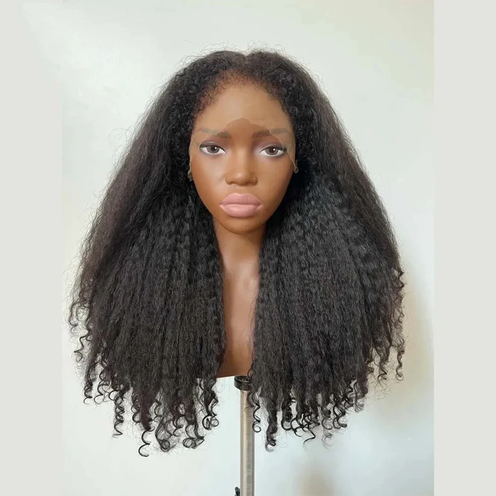Glueless  Yaki 26Inch Soft Preplucked Natural black 180Density kinky straight 13x4 Lace Front Wig Synthetic Baby Hair Daily
