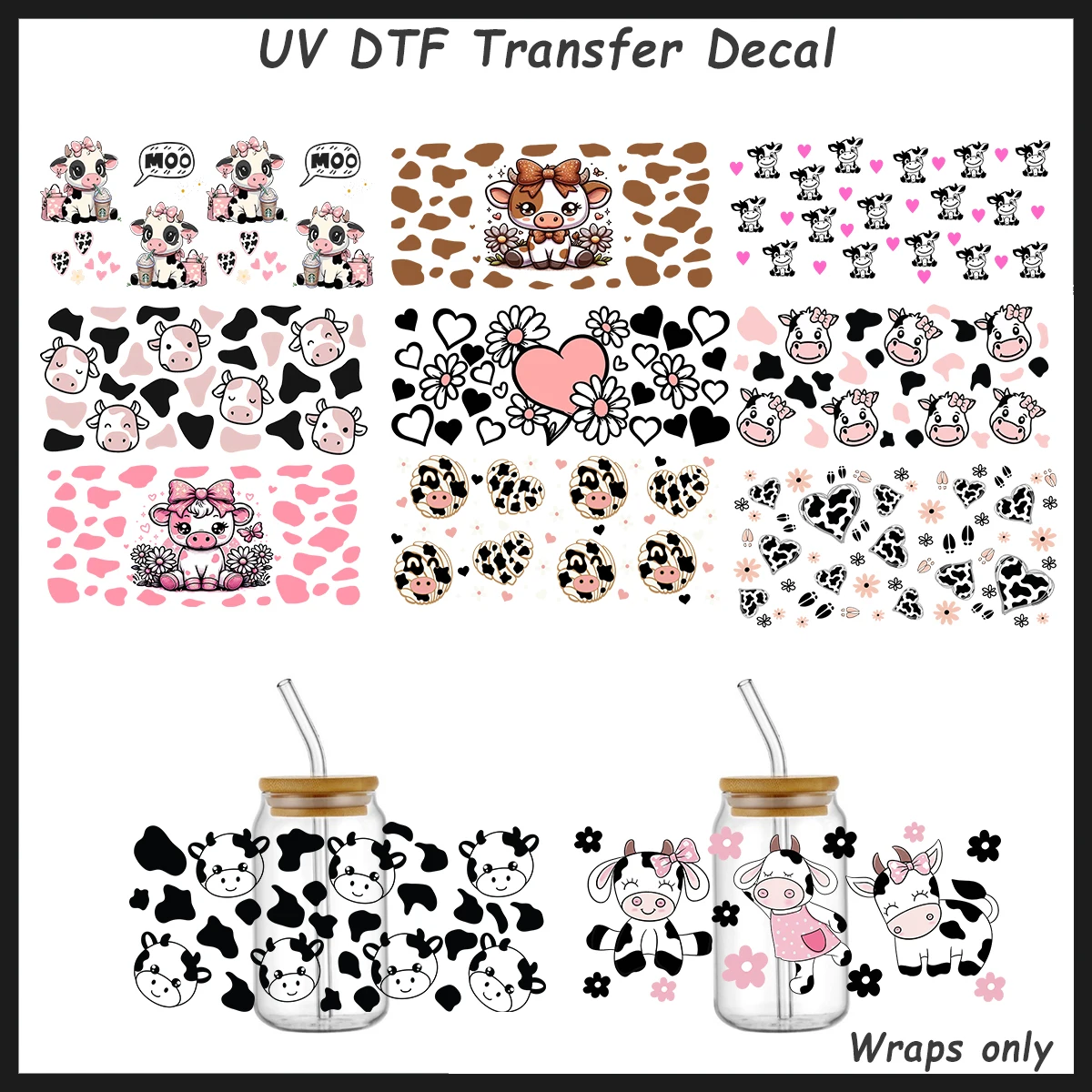 Adorable Cow Print Pattern Waterproof Tumbler Cup Transfer Stickers Farm Animal Themed DIY Wrap Decals for 16oz Libbey Glass