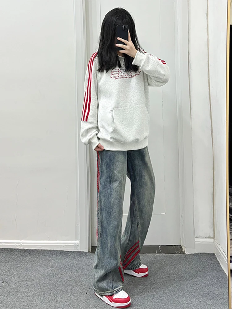 

American Retro Striped Splicing Jeans High Waist Wide Leg Pants Youthful Sle Teenage Boys Loose Fit Straight Leg Denim Jeans