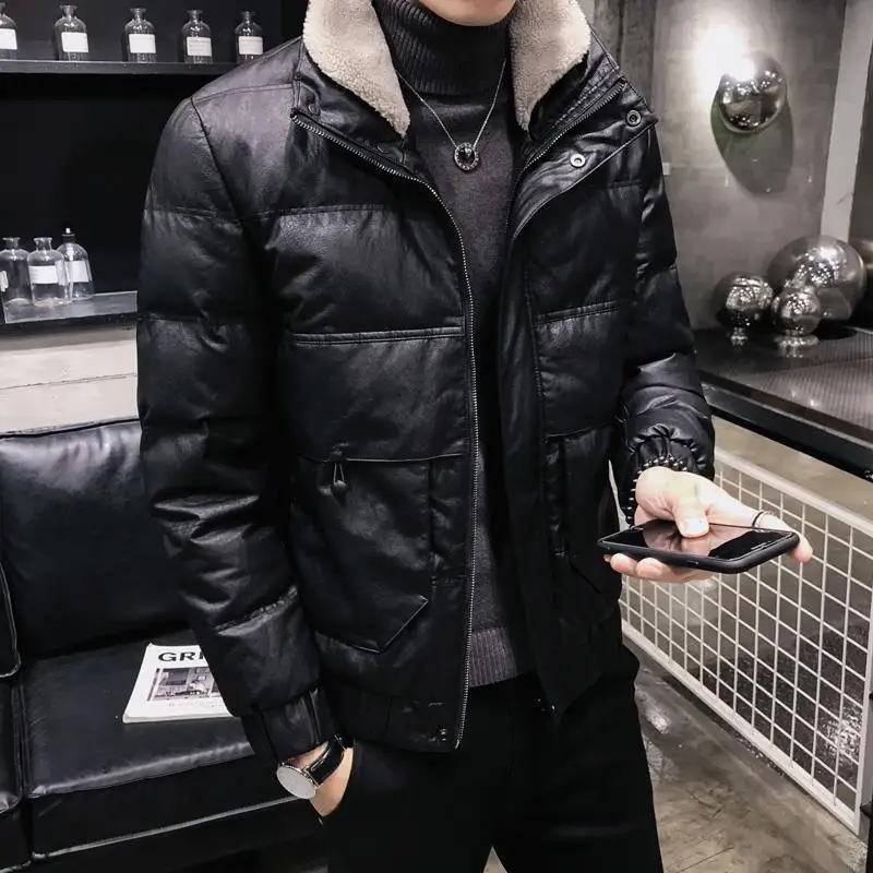 Winter Coat Men 2023 New Trendy Casual and Handsome Short Coat Slim-Fit Leather Cotton-Padded Coat Padded Down Jacket