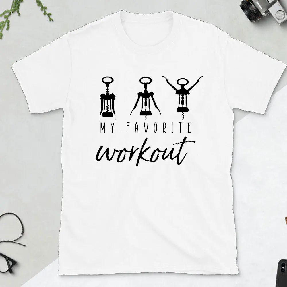 My Favorite Workout Funny Saying T-Shirts for Women Alcohol Drinking Sarcastic Graphic Tees Short Sleeve Wine Lover Shirt Gift