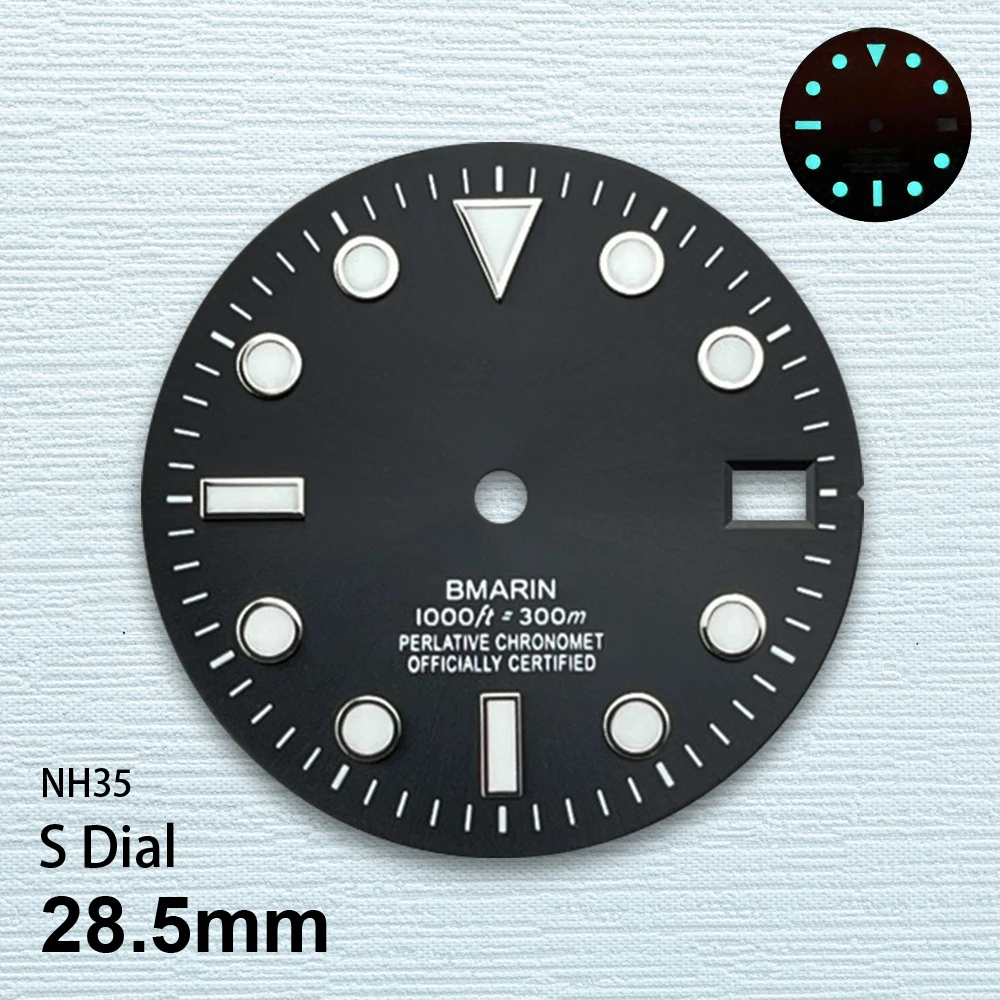 28.5mm S Logo SUB Sunburst Dial Fit NH35/NH36/4R/7S Japanese Movement Ice Blue Luminous Watch Modification Accessories