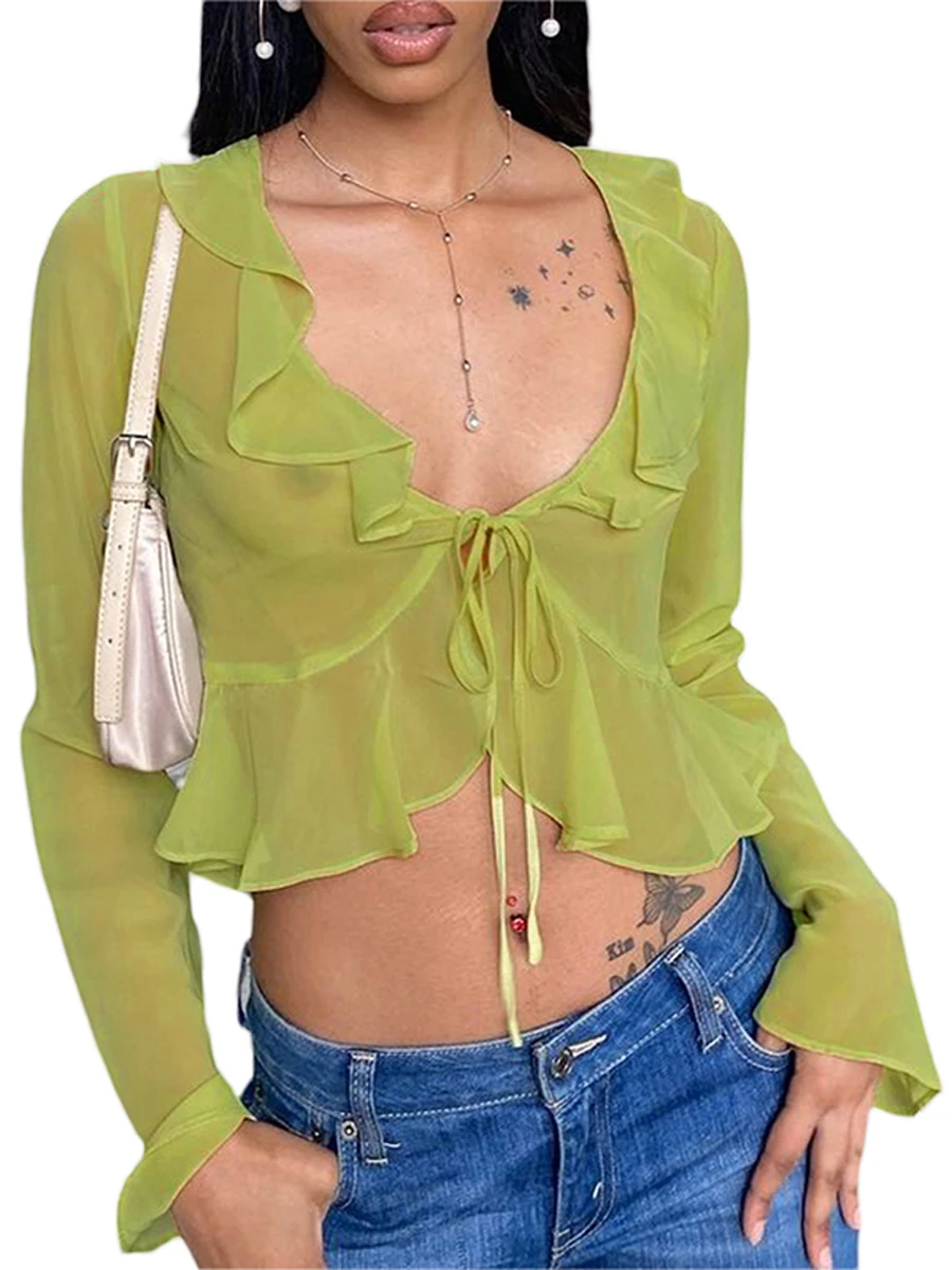 Women Sexy Sheer Crop Tops Pink Long Sleeve Flared Deep V Neck Pleated Hem Tops for Summer Clothing Fairycore Blouse Streetwear