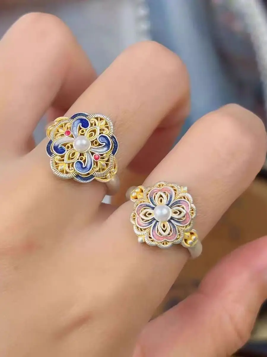 

Винтажное китайское эмалевое кольцо Ele с архитектурным дизайном, аксессуар для Ханьфу и Ципао, модное роскошное кольцо на палец для женщин