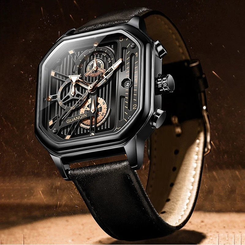 

Мужские часы GUANQIN, кварцевые часы со скелетом, 43 мм, восьмиугольный стальной корпус, супер-LumiNova, 3 атм, водонепроницаемый ремешок из натуральной кожи