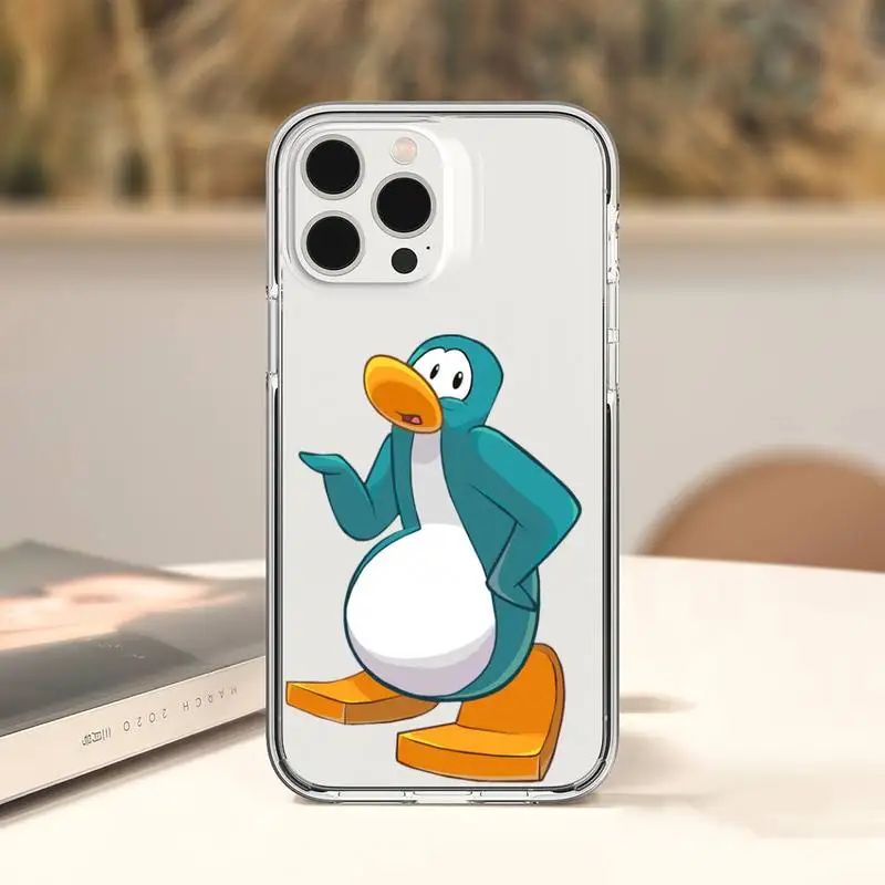 Cartoon Club Penguin  Phone Case For iPhone 11 12 Mini 13 14 Pro XS Max X 8 7 6s Plus 5 SE XR Transparent Shell