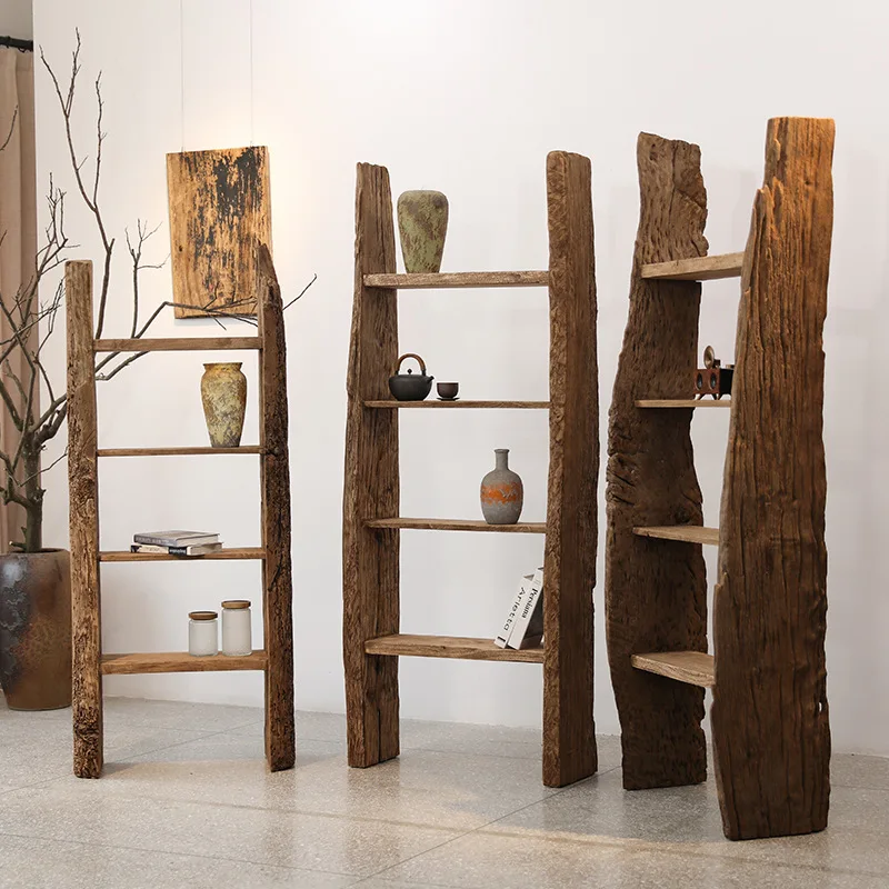 Trapezoidal shelf, old wood floor storage bookshelf, weathered old wood homestay display rack