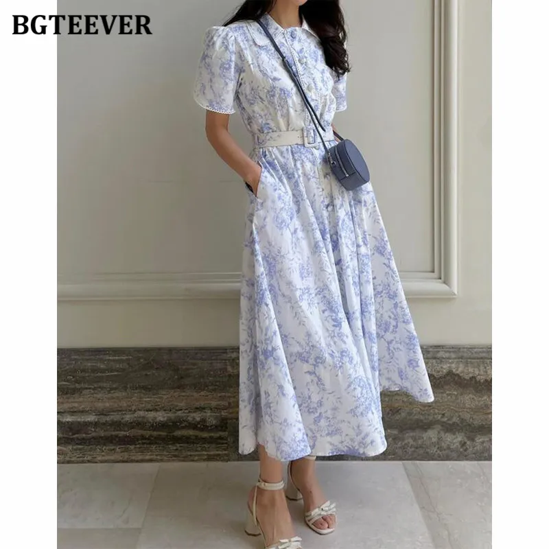 BGTEEVER Elegant Lapel Floral Printed Dress for Women Vintage Short Sleeve Belted SlimWaist  A-line Dress Female Summer Vestidos