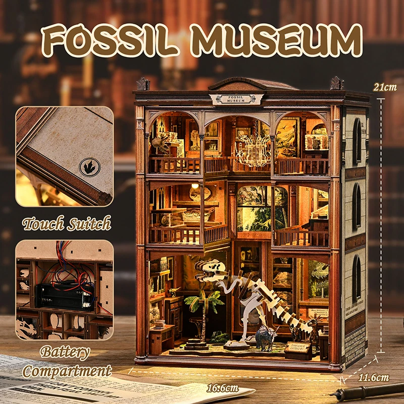Fossil Museum DIY Book Nook Kit 3D Wooden Miniature House Decor with LED Light Creative Assembly Craft Bookshelf Decor Gift