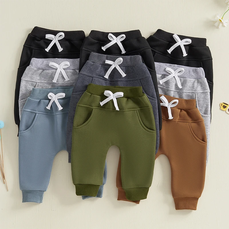 Baby Boys' 3-Pack Pull-on Jogger Pants Knit Pants Classic Fit Elastic Waist Kids Toddler Thick Pants Multipacks Long Pant Winter