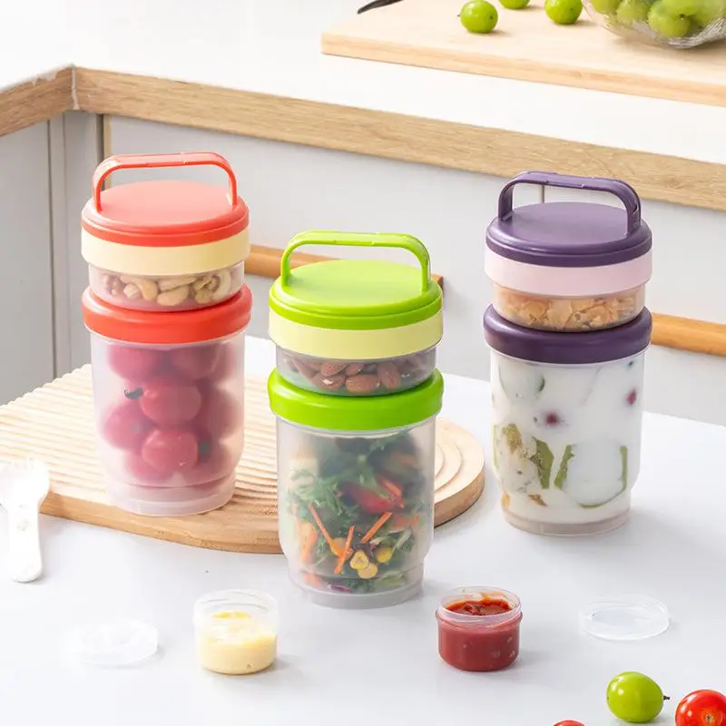 

Double Layer Leak Salad Cup Oatmeal Container With Spoon & Sauce Box Portable Overnight Oats Jar