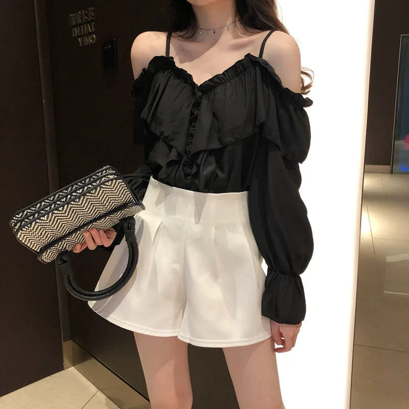 

Elegant Ruffles Women Chiffon Shirt Y2K Korean V Neck Spaghetti Straps Blouse Spring New Loose Bell Sleeves Casual Ladies Tops