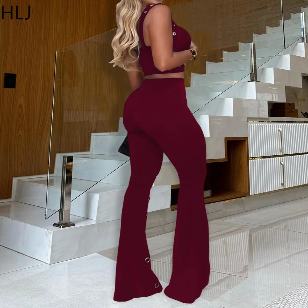 HLJ Fashion Two Piece Outfits Woman Spaghetti Strap Backless Metal Eyelet Crop Top and Pants Matching Suit Female Streetwear New