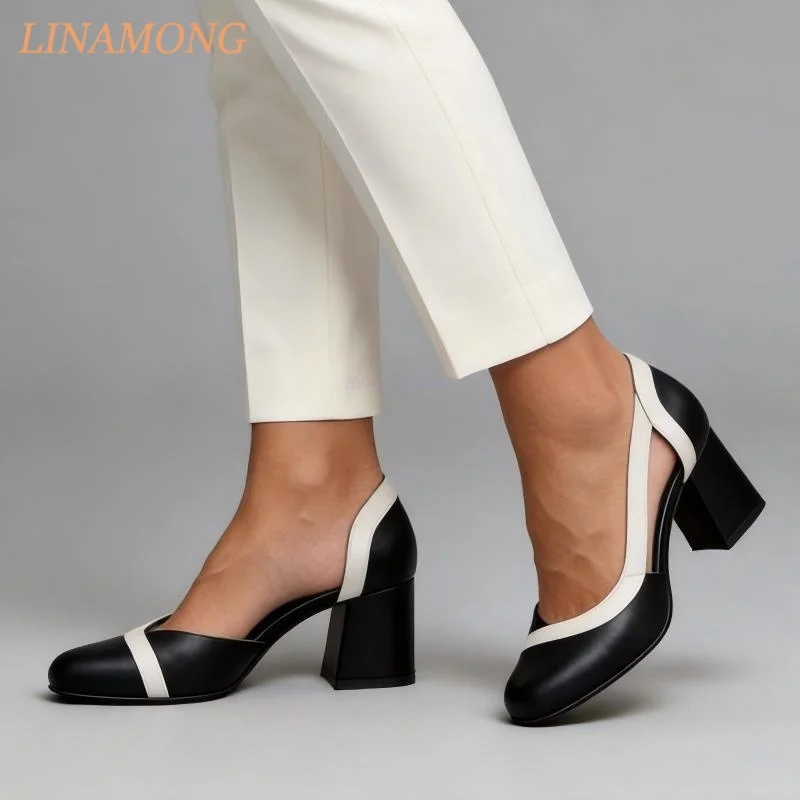 Two Tone Slingback Pumps Round Toe Chunky Block Heel Contrast Color Strap Cutout Side Elegant Office Daily Fashion High Heels