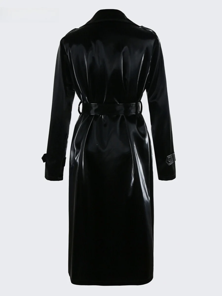 ネラッズーリ ルーズロング PU レザー ジャケット レディース ファッション ストリート スタイル ハイグロス ブラック ペイント レザー コート アウター