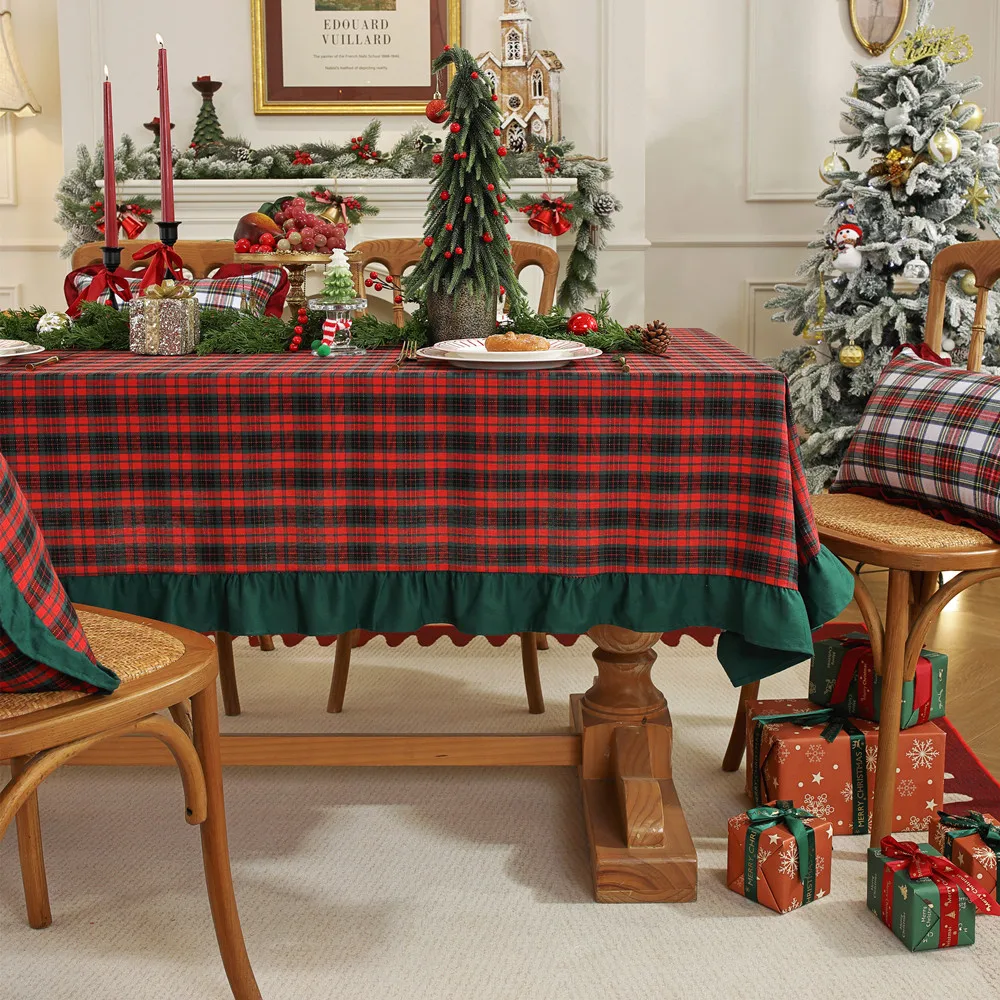 Christmas Decorative Tablecloth Cover Yarn-Dyed Polyester-Cotton Table Cloth Lotus Leaf Red Green Plaid Color Tablecloths