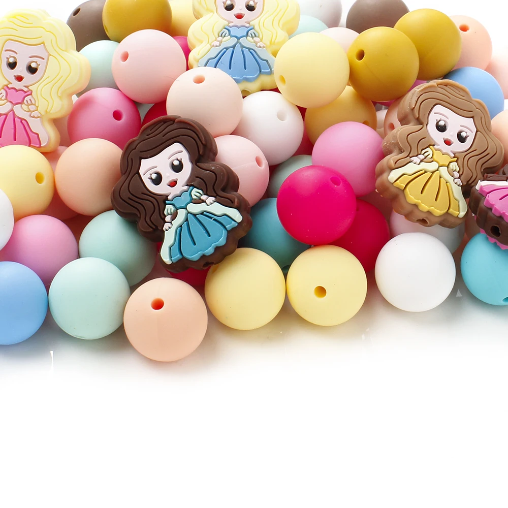 15mm 32/65Pcs Silicone Round Beads Cartoon Mermaid Beads Baby Teether Chew Pacifier Clip Chain Accessoies Silico Beads BPA Free