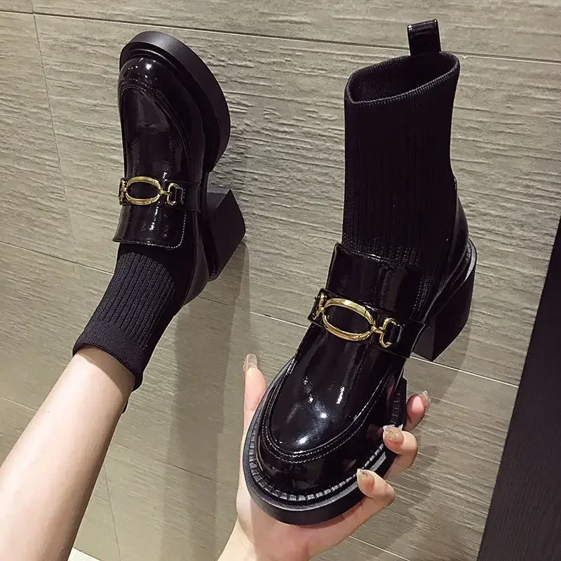 

2024 Autumn New High-heeled Socks and Boots for Women Fashion Retro Chunky Heel Anti-slip Elastic Boots