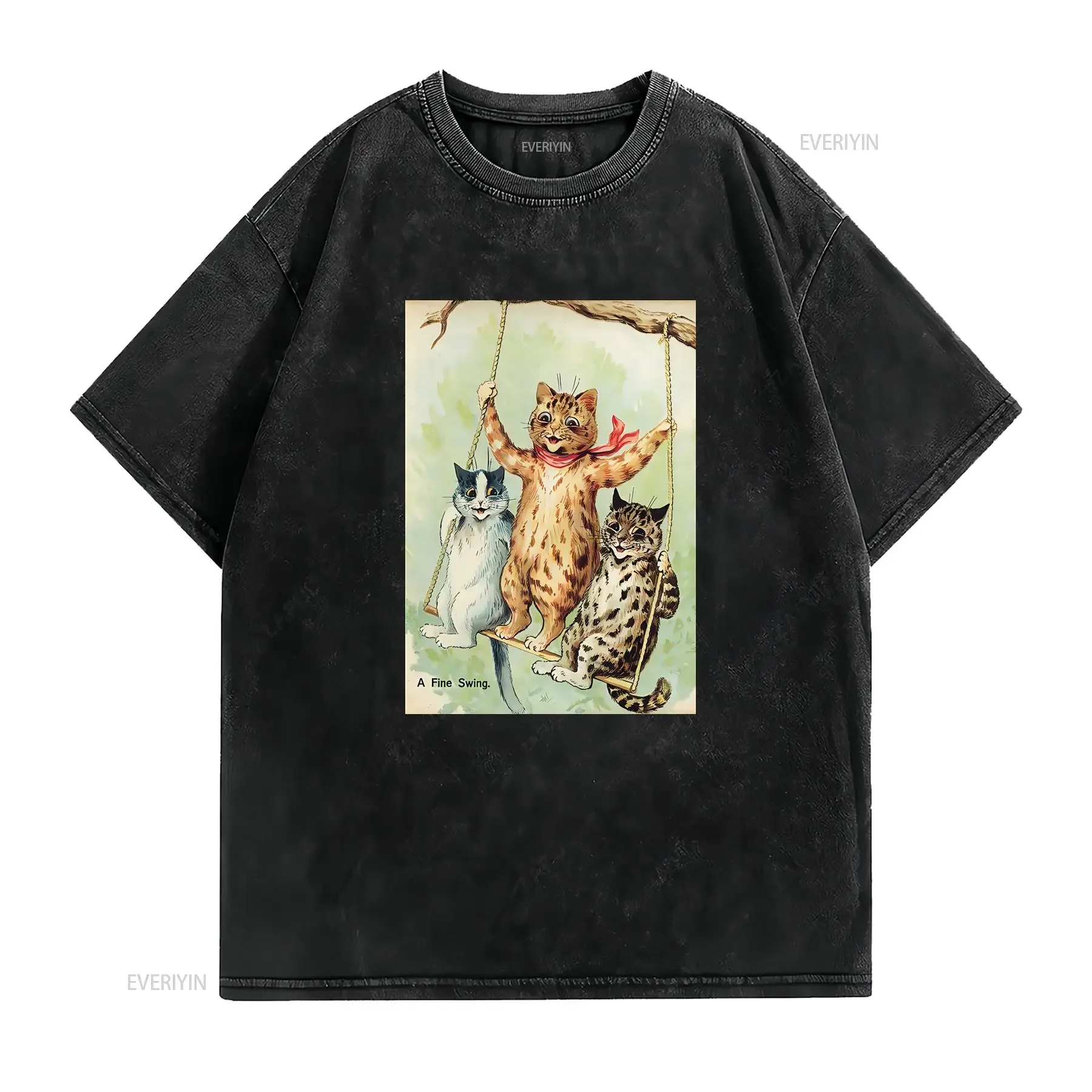Louis Wain A Fine Swing Cat T shirt classic round neck short sleeved choice of sizes and colours Mens womens vintage Washed