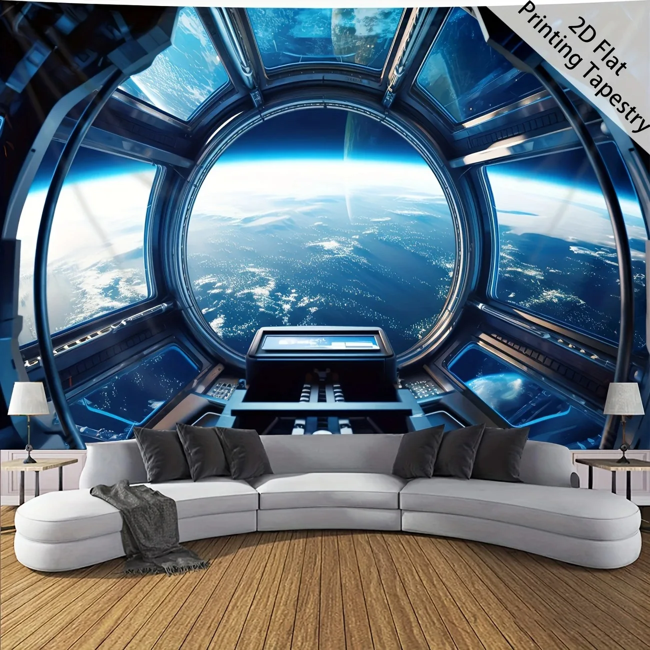 VIKAMA Spaceship Window View Tapestry Outer Space Planet Futuristic Wall Hanging for Living Room Bedroom