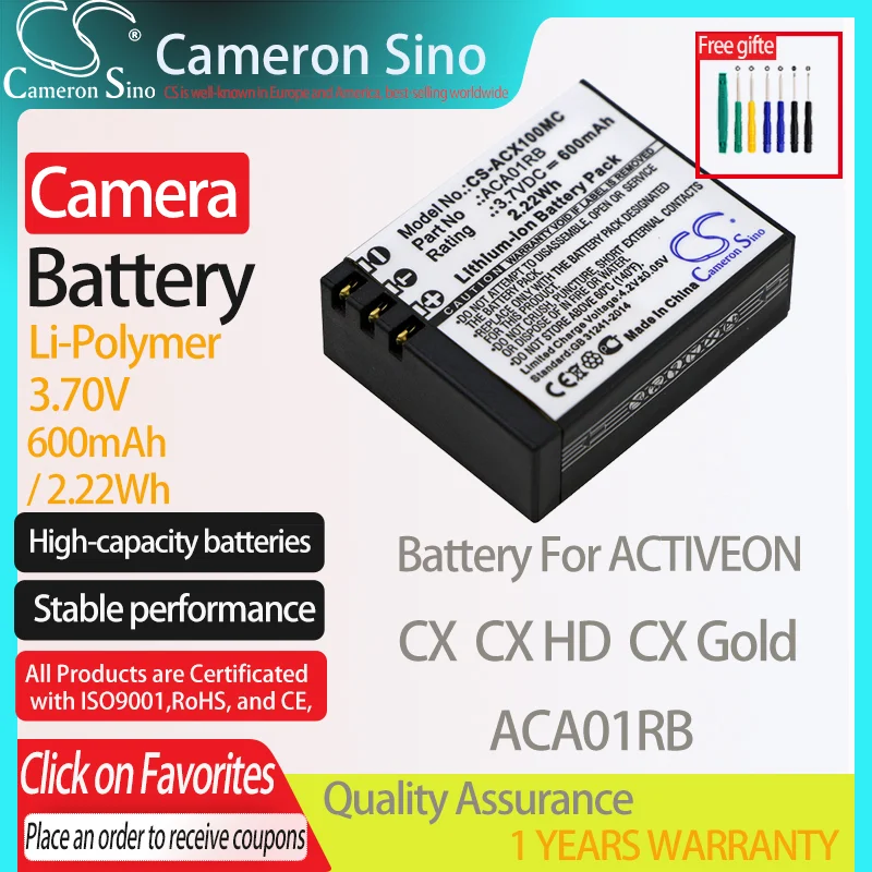 CameronSino Battery for ACTIVEON CX CX HD CX Gold fits ACTIVEON ACA01RB camera battery 600mAh/2.22Wh 3.70V Li-Polymer Black