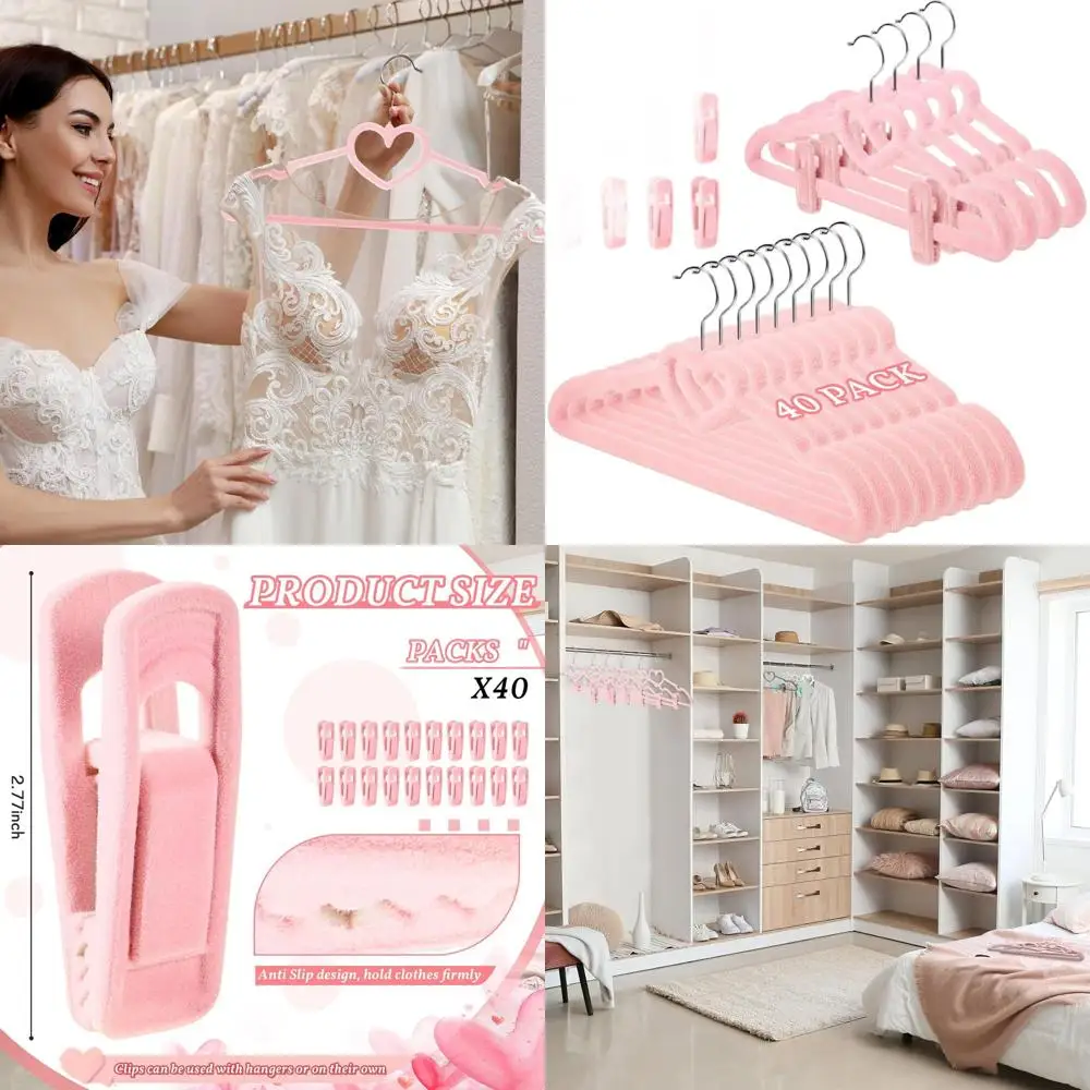 

Розовые бархатные вешалки-сердечки с зажимами, нескользящий фетр, 360° ° Поворотный крючок, компактный для декора шкафа и комнаты