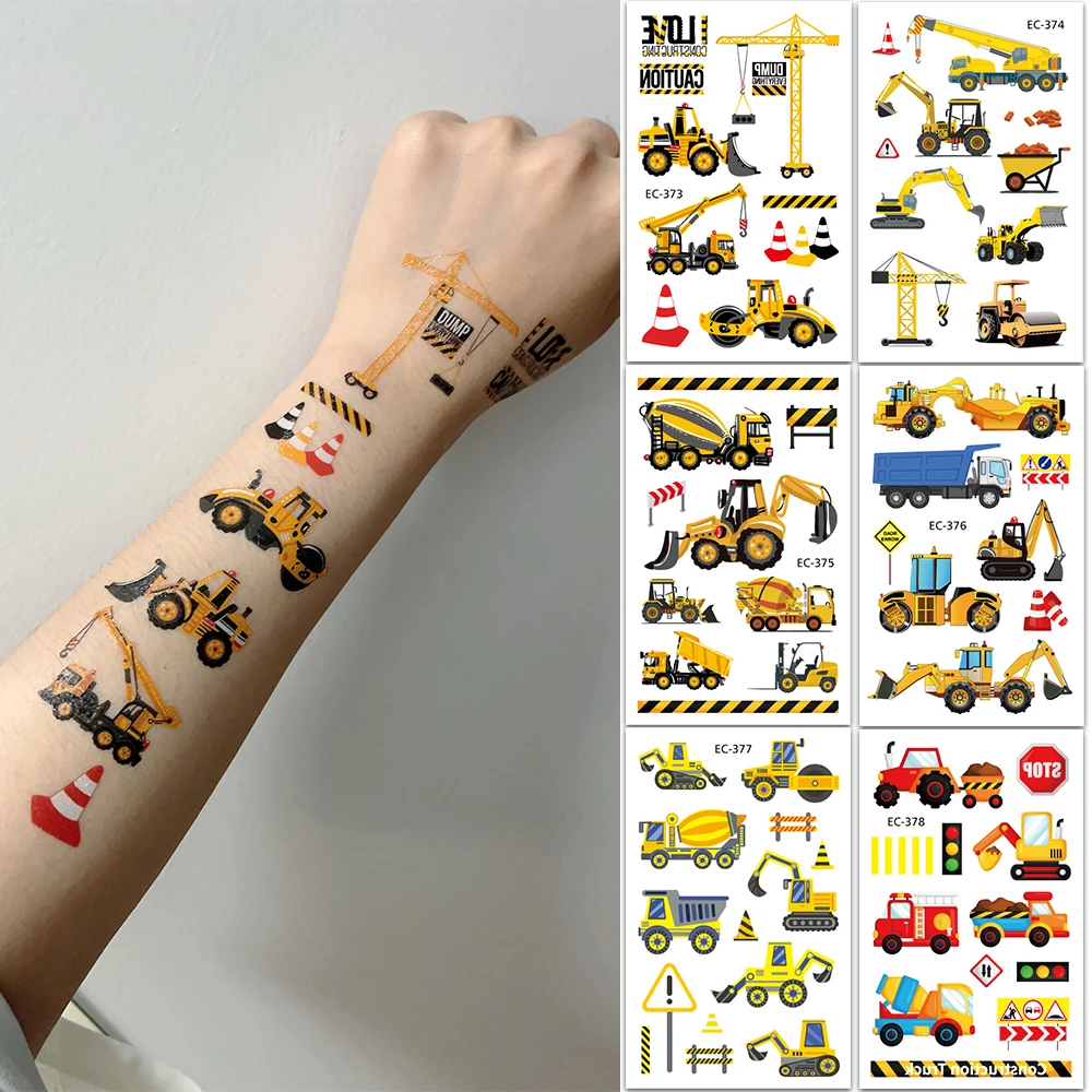 

Construction Vehicle Temporary Tattoos - Includes Excavators, Bulldozers, Cranes, Fire Trucks - Water Transfer Stickers