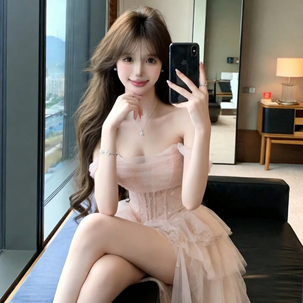 Summer 2026 Fairy Tale Heavy Work Mesh Skeleton Strap Top And Puffy Skirt Set Women's Fashion Short Sleeve  Suit