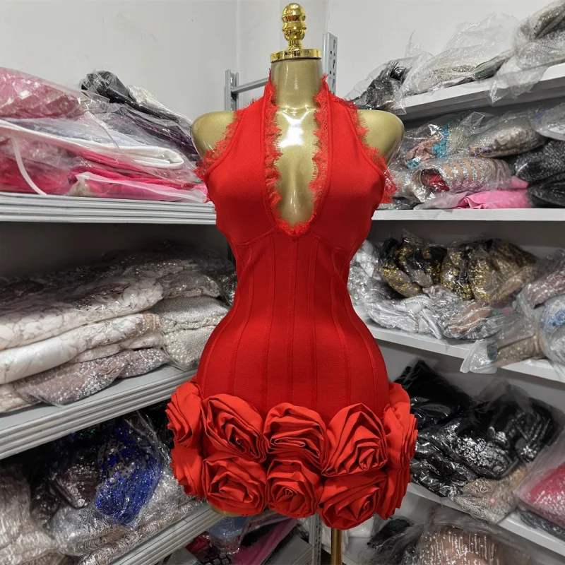 

European and American Style New Women's Solid Color Slim Waist Sexy Strapless Dress with 3D Rose Flower