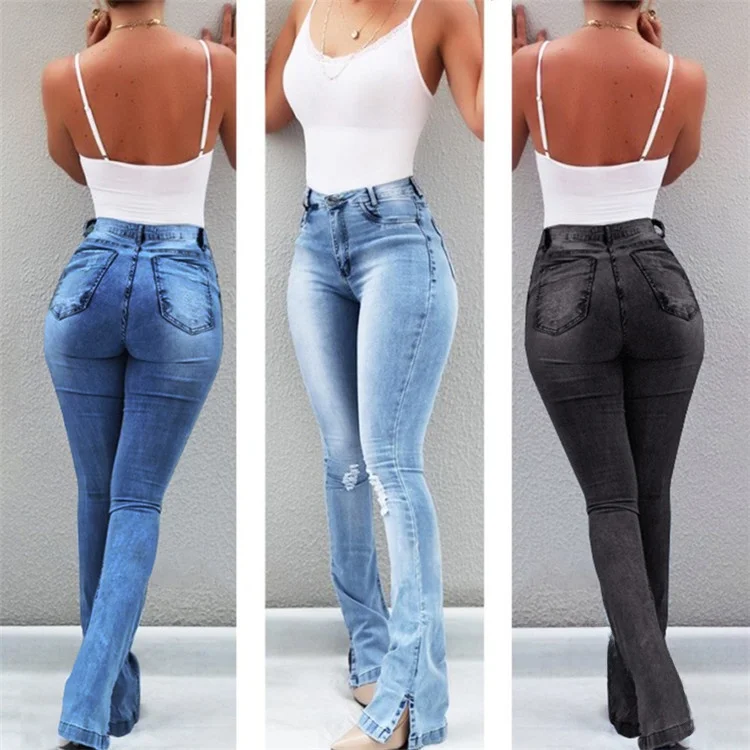 

High Waist Bell Bot Denim Jeans Women's Long Trousers Slit Design Comfortable Loose Fit l Waist Deep And Light Colors