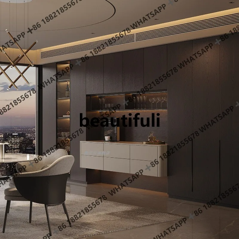 Solid wood multi-layer board arc dining side wine cabinet Italian grade simple light luxury large flat-layer storage cabinet