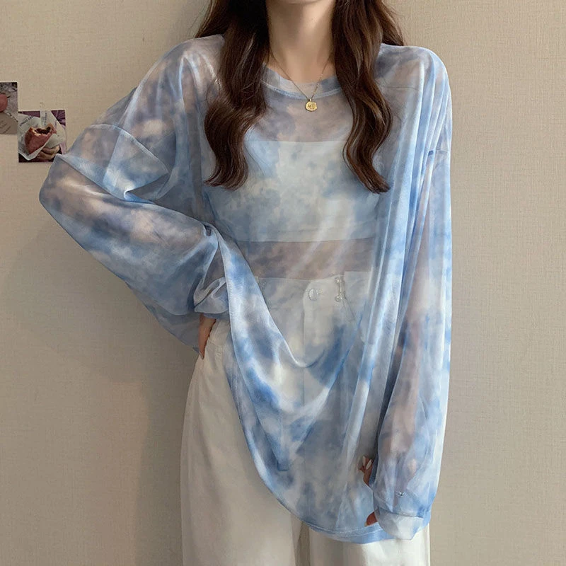 Tie Dye Long Sleeve T Shirt Women Korean Fashion Loose Print Mesh Top Female Casual Chic O Neck Summer All Match Tees New