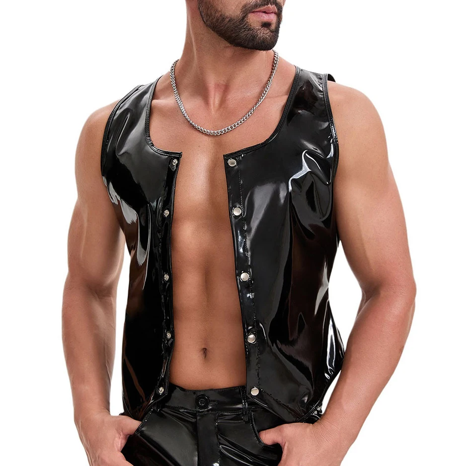 Men's Sexy Slim Fit Sleeveless T-shirts Front Snap Button Shiny Wet Look Leather Tank Top Party Clubwear Punk Style Jacket Vest