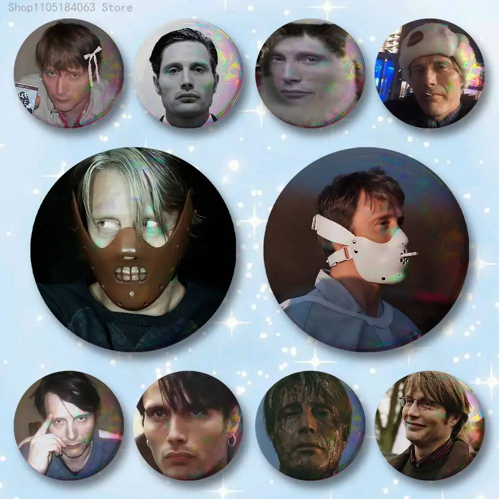 Mads Mikkelsen H-Hannibal Face Badges 25 32 44 58 75 mm Round Cosplay Pin Bag Decor Fans Collect Friends Gifts Brooch Souvenir