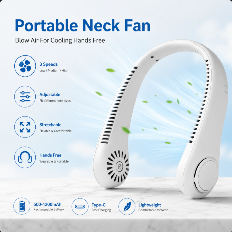  Hands Free Neck Fan Portable USB Rechargeable 3 Speeds Silent Long endur for Traveling Camping Partying Hiking Running Etc 