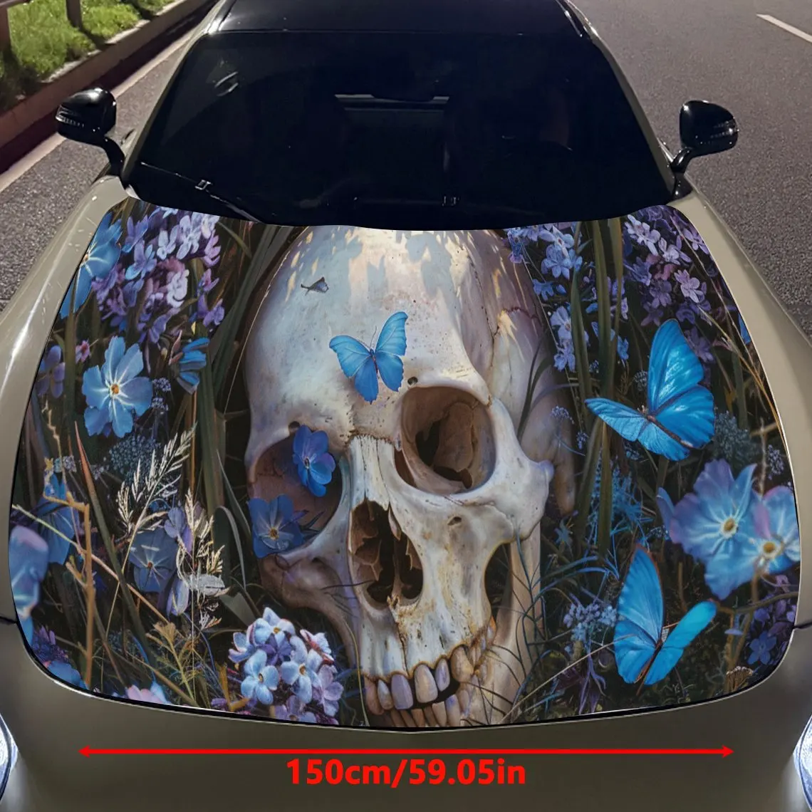 Skull Flower Car Hood Sticker PVC Self Waterproof Stick, Striking Auto Exterior Accessories Decor Protect Gift for Car Lover