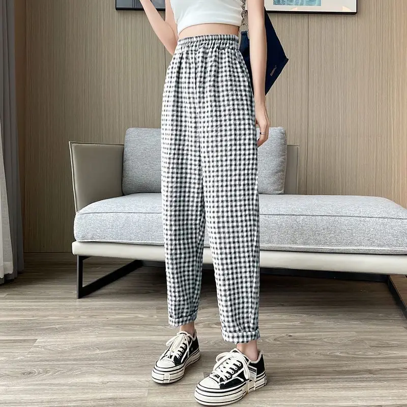 Women's Clothing Spring Autumn Elastic Plaid Contrast Color High Waisted Pockets Casual Straight Sweatpants Trousers Pants