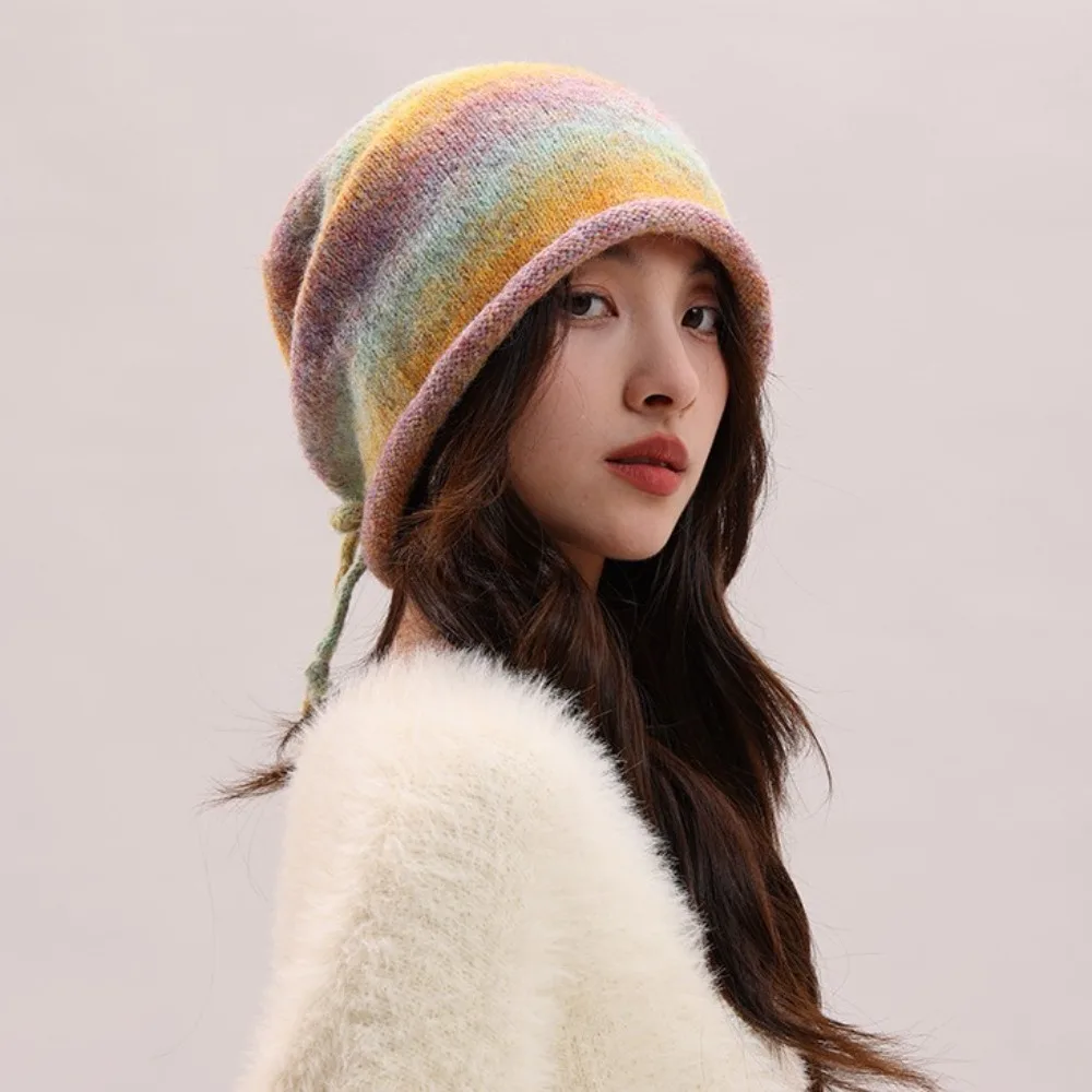 New Large Size Beanies Skullies Gradient Color Rolled-brim Bonnet Hat Soft Knitted Drawstring Slouch Hat