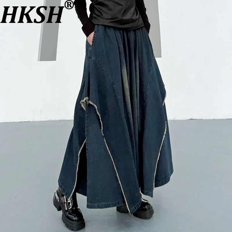 

HKSH весна осень новые женские широкие джинсы с эластичной резинкой на талии плиссированные утягивающие универсальные повседневные джинсовые брюки в американском стиле ретро HK13355
