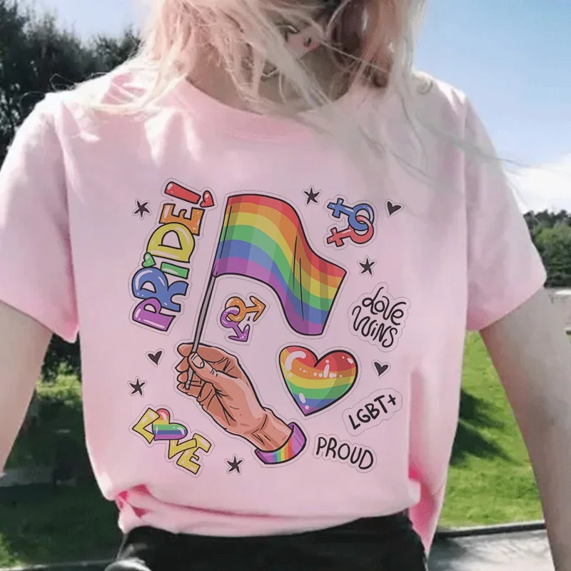 LGBT Aesthetic Women's T-shirts 2024 Fashion Harajuku Pink Oversized T Shirt LOVE PRIDE Summer Vintage Rainbow Femme Tshirt