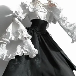 Gothic Shirt Y2k Top Lolita Girls Ruffle Umbrella Skirt High Waist Oversized Long Skirt Horn Long Sleeve Student Elegant Blouse