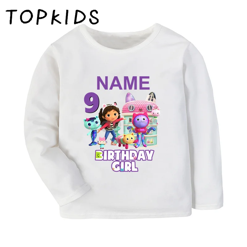 1 2 3 4 5 6 7 8 9 Years Birthday Girls T shirt Cute Gabbys Doll House Customize Name Kids T-shirts Baby Long Sleeve Clothes Gift