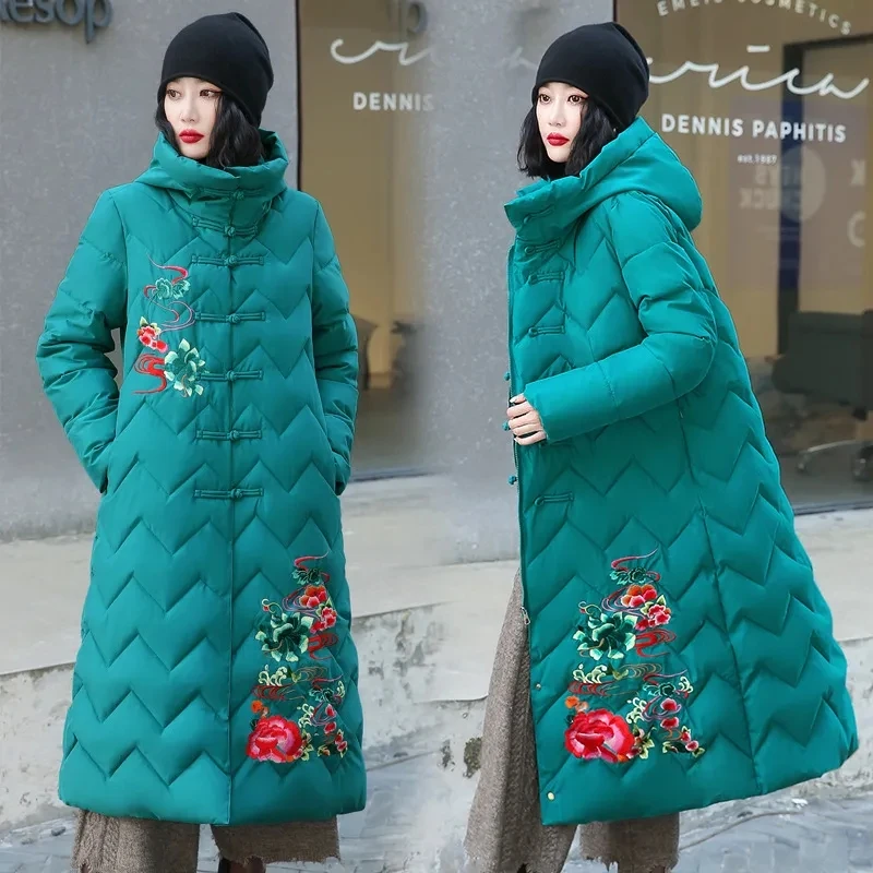 

New Fashion Snow Wear Clothing Embroidery Winter Jacket Women Hooded Long Parkas Mother Thicken Warm Padded Overcoat