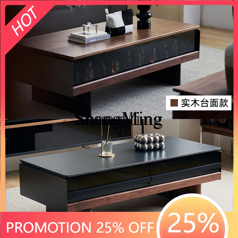 

FG Coffee Table Black Walnut Solid Wood Rock Board Display Atmosphere Modern Black Rectangular Small Apartment