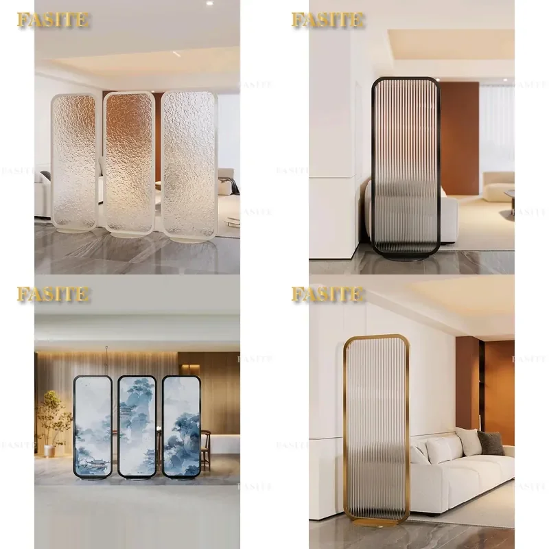 For Cream Style Movable Water Ripple Glass Three Folding Screen Room Divider for Living Room Entrance Porch Partition Light