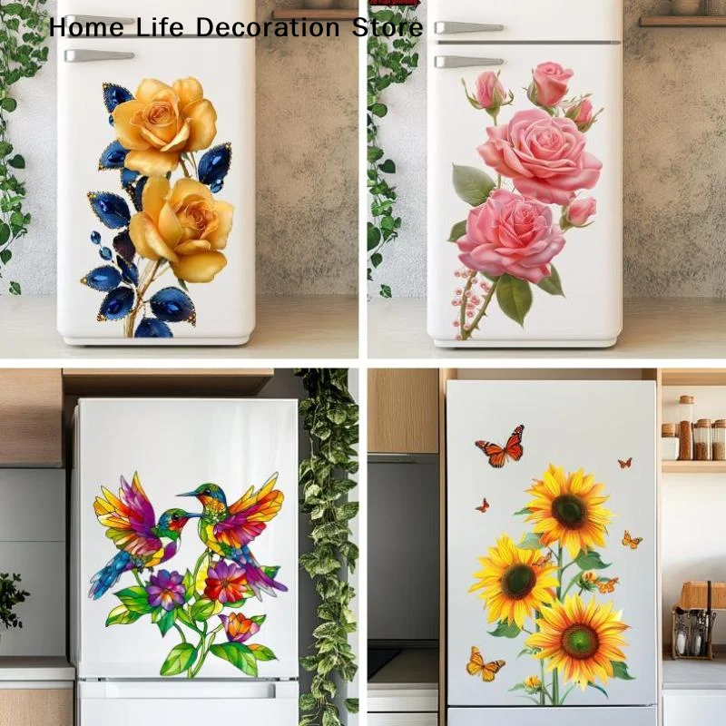【TG】Sunflower Rose Refrigerator Sticker Self-Adhesive Removable Home Appliances Cabinet Decals Wall Sticker Home Art Decor