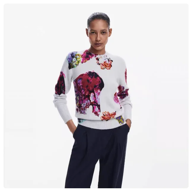 طلب التجارة الخارجية الأصلي: سترة نسائية محبوكة من قماش الجاكار الإسباني برقبة دائرية فضفاضة غير رسمية للخريف والشتاء