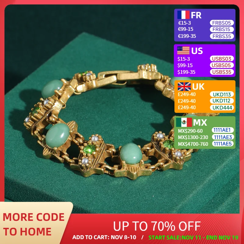 

Vintage Jade Bracelet Made Of Natural Stones Green Rhinestone Hollow Crystal Pearl Bangle For Woman Retro Girlfriend Gift 2025